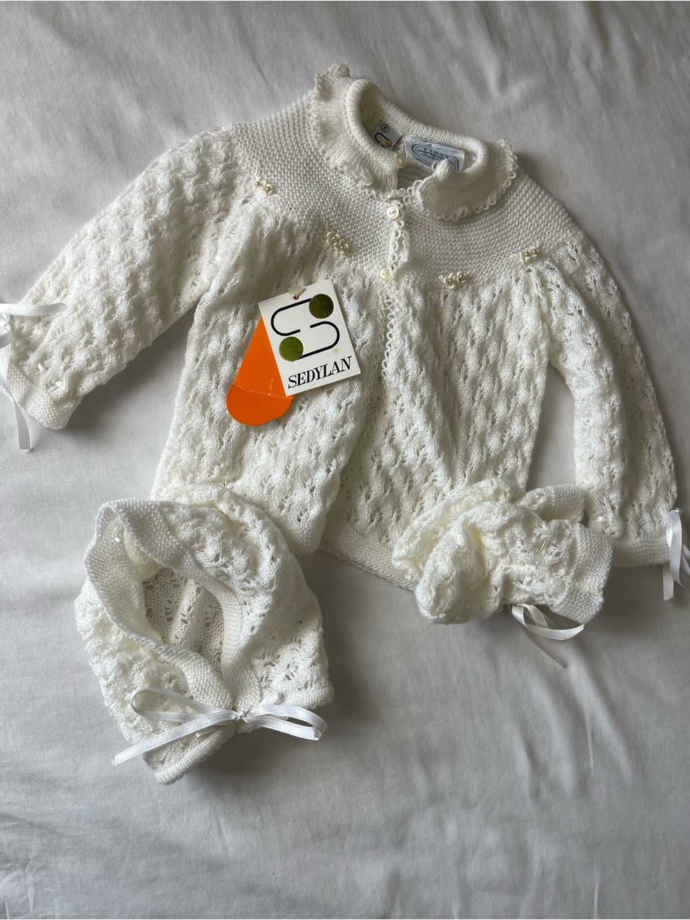 Cream Knit Baby Cardigan & Bonnet Set and socks